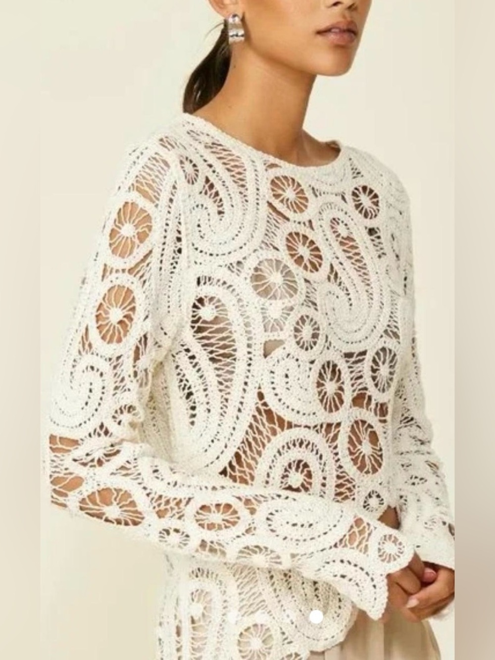POL Women’s Off-White/Cream Crochet Lace Crewneck Sweater